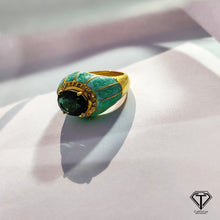 Load image into Gallery viewer, Pave Diamond Enamel Ring, Beautiful CraftToCart Enamel Ring With Green Tourmaline, Single Cut Diamond, Italian Enamel
