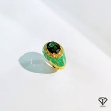 Load image into Gallery viewer, Pave Diamond Enamel Ring, Beautiful CraftToCart Enamel Ring With Green Tourmaline, Single Cut Diamond, Italian Enamel

