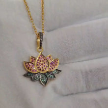 Load and play video in Gallery viewer, Pave Lotus Flower Charm, Pave Pink and Green Sapphire Charms, Pave Pink and Green sapphire Jewelry
