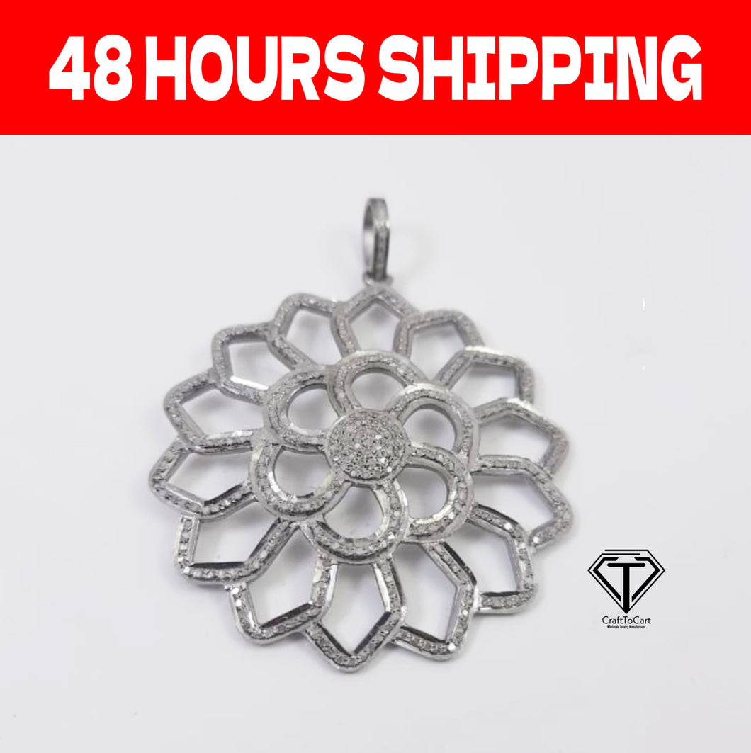 Pave Diamond Round Unique Design Pendant, 925 Sterling Silver, Diamond Findings