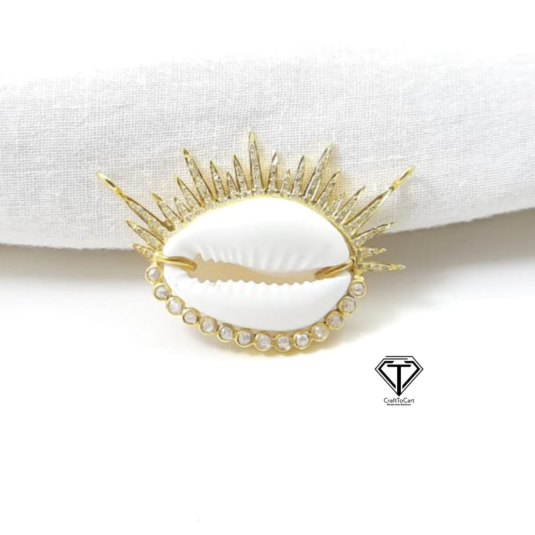 Sunburst Cowrie Connector Pendant, Pave Diamond Sea Shell Pendant