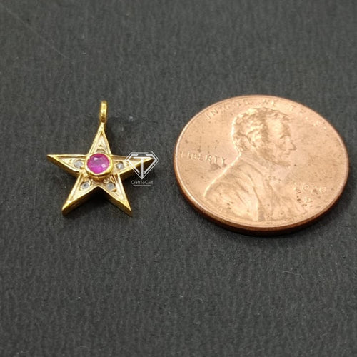 Pave Diamond Star With Ruby Charm Pendant - CraftToCart