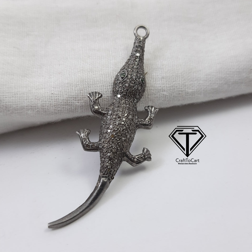 Pave Diamond Crocodile Pendant In 925 Sterling Silver, Handmade Diamond Jewelry