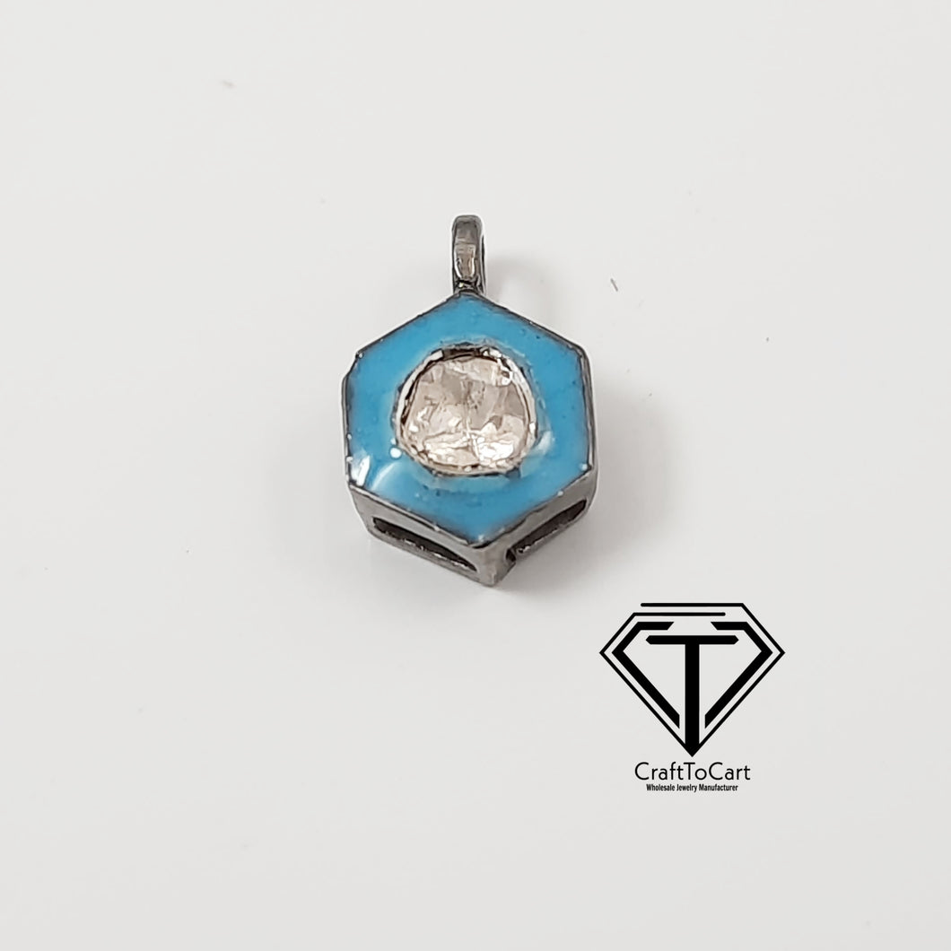 Polki Enamel Charm, Hexagon Shape Charm, 925 Sterling Silver, Findings, Jewelry Components