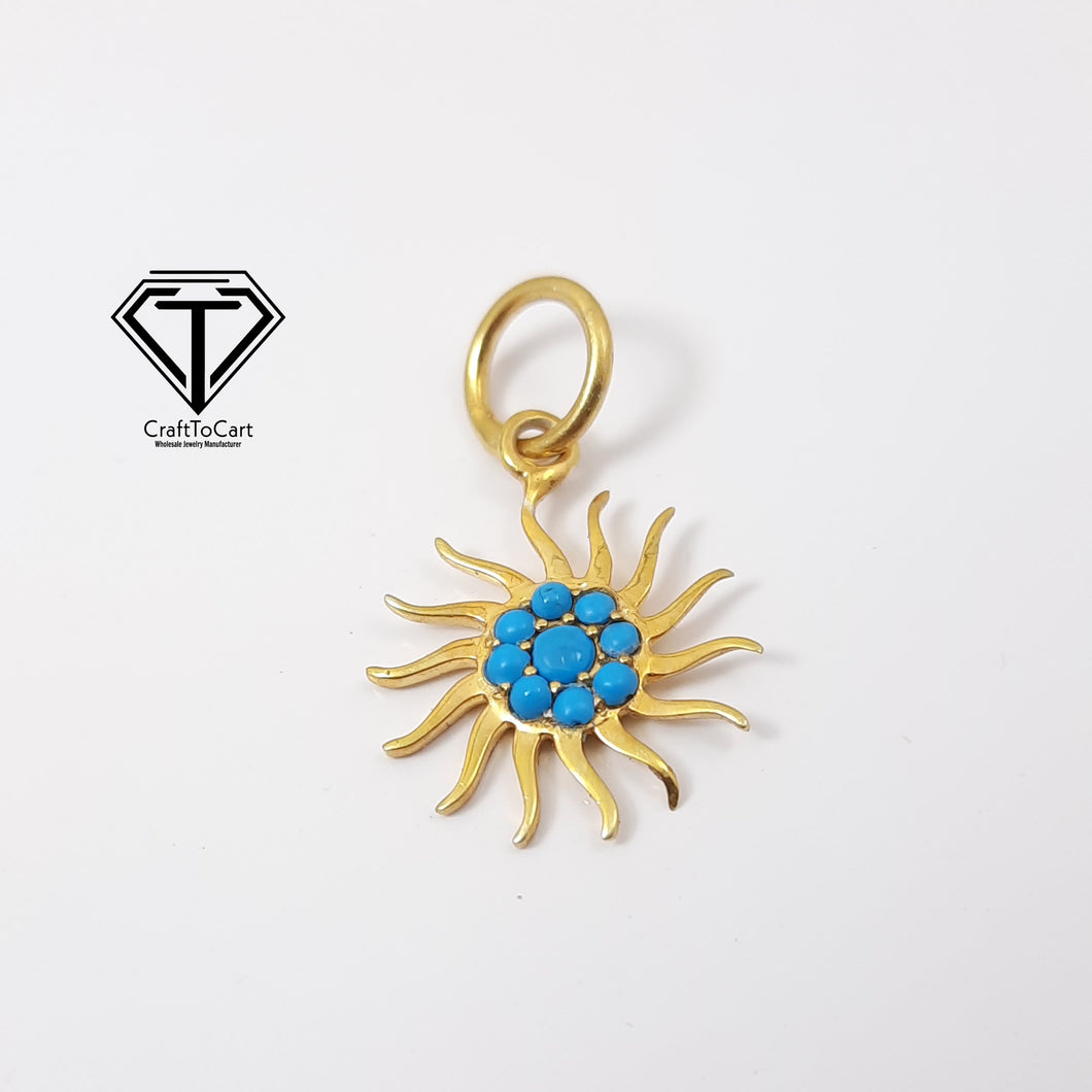 Sun Charm With Turquoise Stone, 925 Sterling Silver, Silver Findings, Jewelry Components