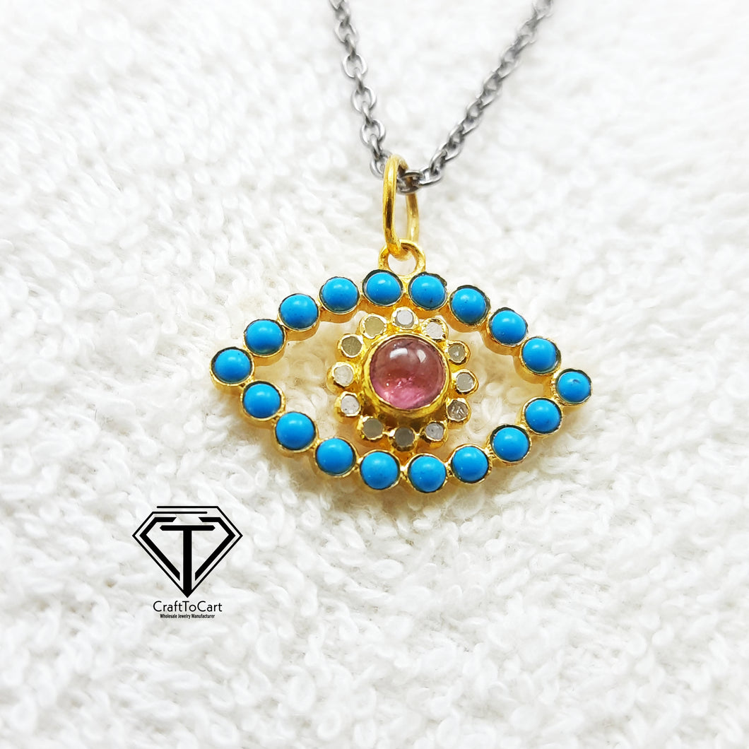 Evil Eye Charm Pendant, Pave Diamond Turquoise Eye Charm Pendant