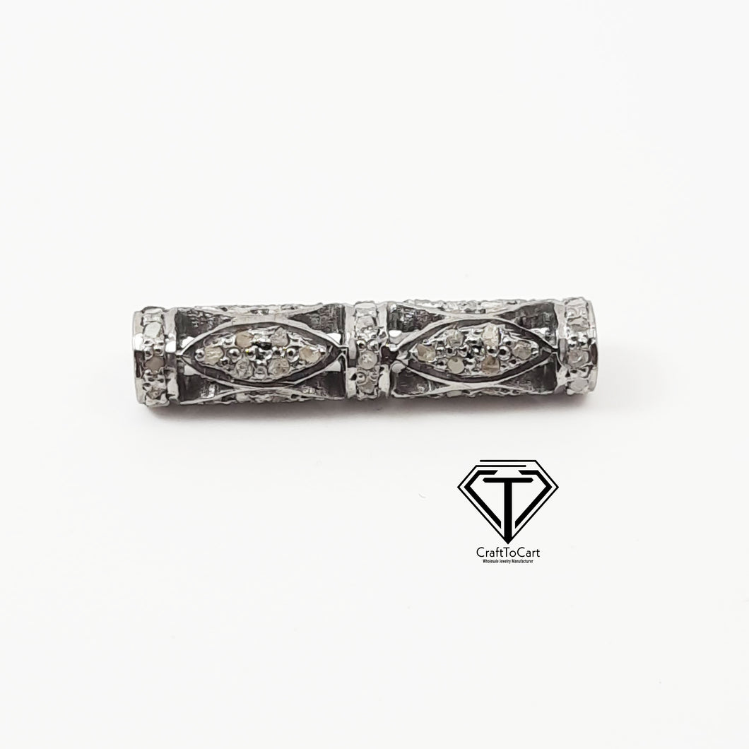 Pave Diamond Cylindrical Tube Beads In 925 Sterling Silver