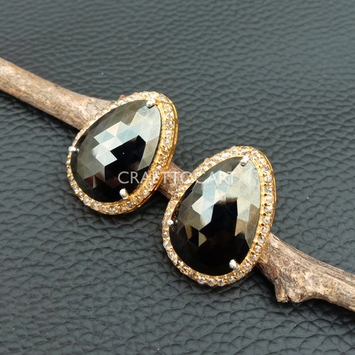 Pave Diamond Black Spinel Oval Stud Earrings - CraftToCart