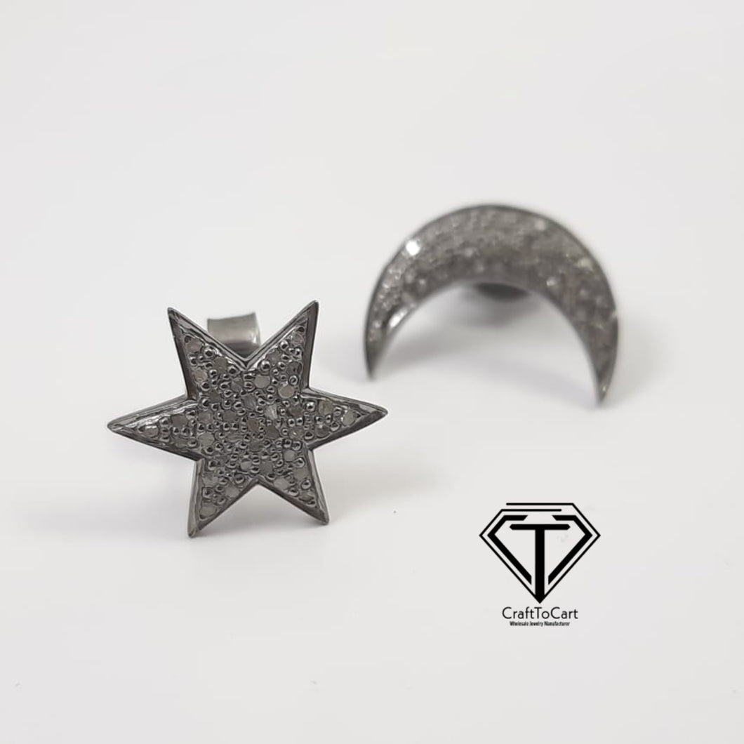 Pave Moon Star Stud Earrings, Pave Diamond Stud, Jewelry Components, Diamond Findings