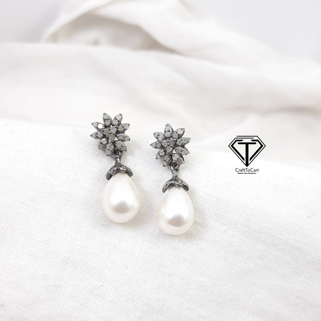 Pave Diamond Pearl Earrings, Pave Diamond Earrings With Pearl