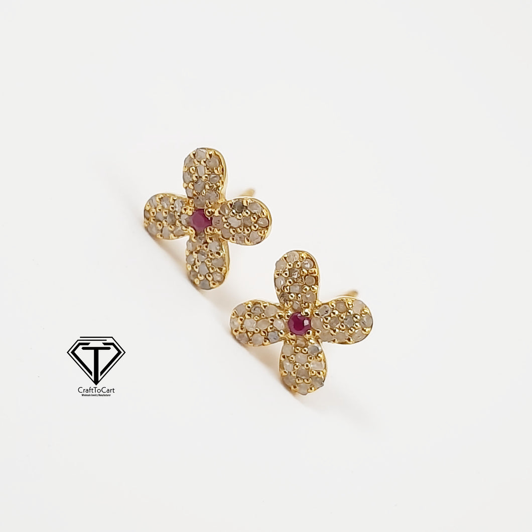 Flower Stud Earrings, Pave Diamond Ruby Flower Earrings, Pave Diamond Jewelry