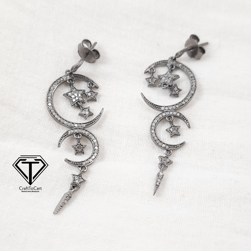 Pave Moon Star Drop Earrings, Pave Diamond Drop Earring, Jewelry Components, Diamond Findings