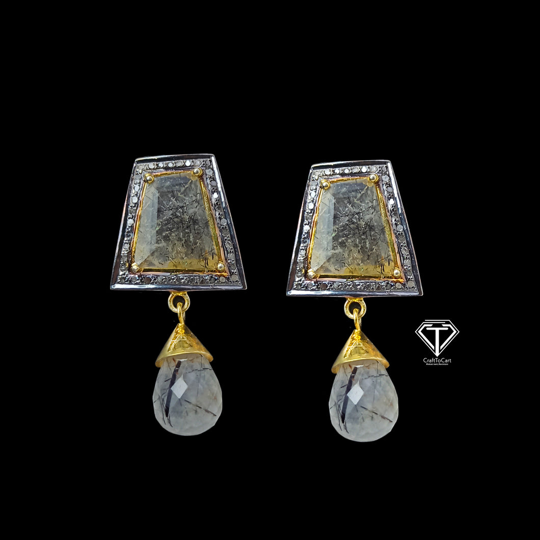 Pave Diamond Rutilated Quartz Earrings, Pave Diamond Earrings With Rutilated Quartz