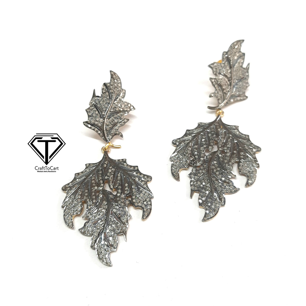 Pave Diamond Leaf Earring, 925 Sterling Silver, Pave Diamond Jewelry, Diamond Findings