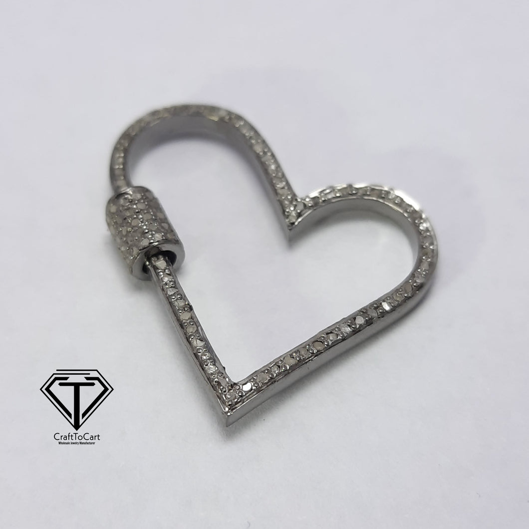 Pave Diamond Heart Carabiner Lock, Heart Shape Filled Tube Screw Mechanism Clasp, 925 Sterling Silver, Carabiner Screw Lock