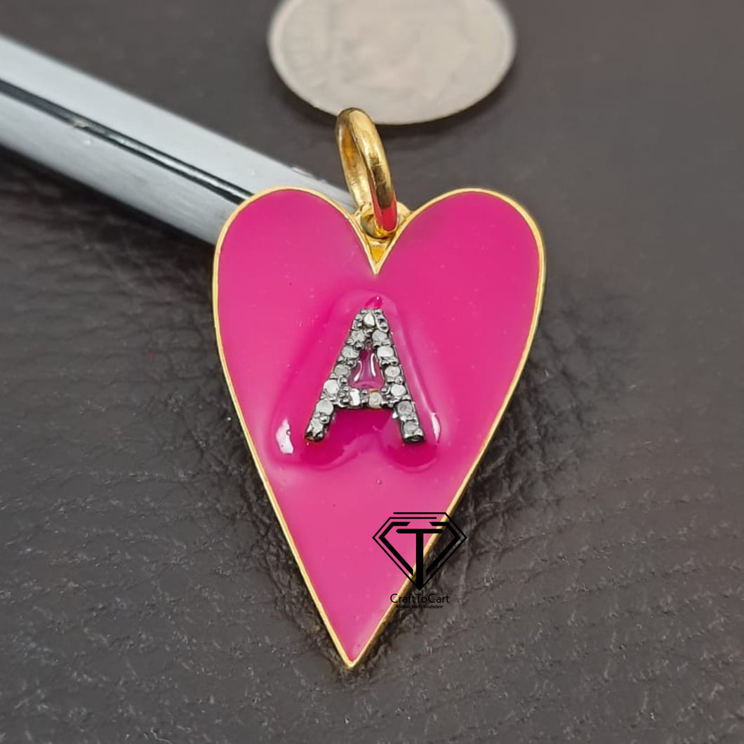 Pave Diamond Heart Enamel Initial Pendant - CraftToCart