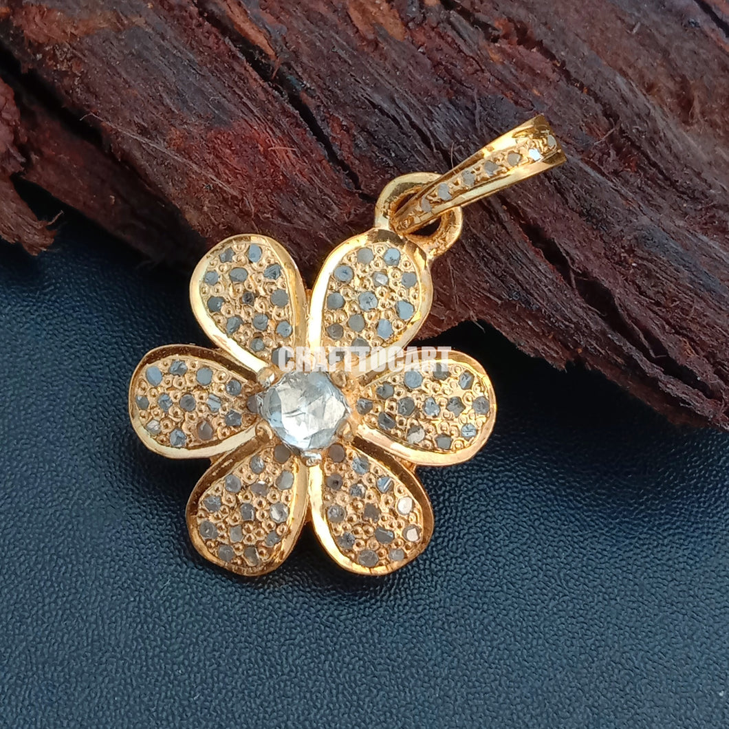 Pave Diamond Polki Flower Pendant - CraftToCart