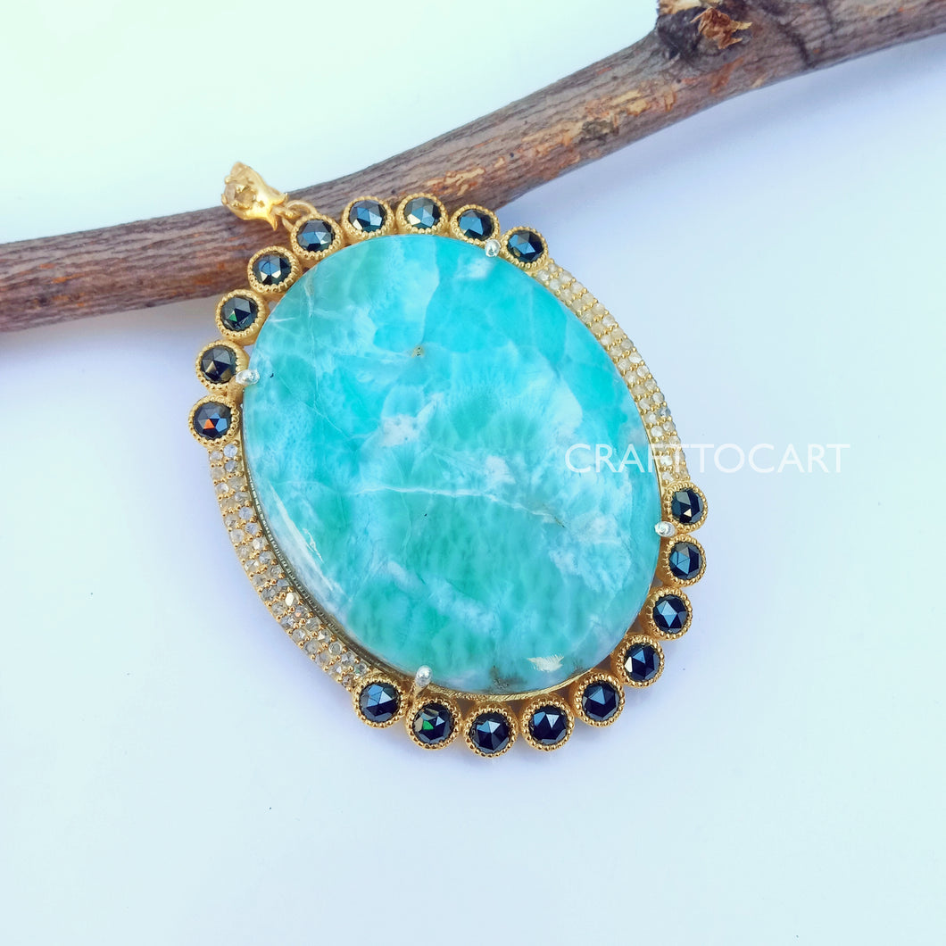 Pave Diamond Larimar Pendant With Black Spinel - CraftToCart