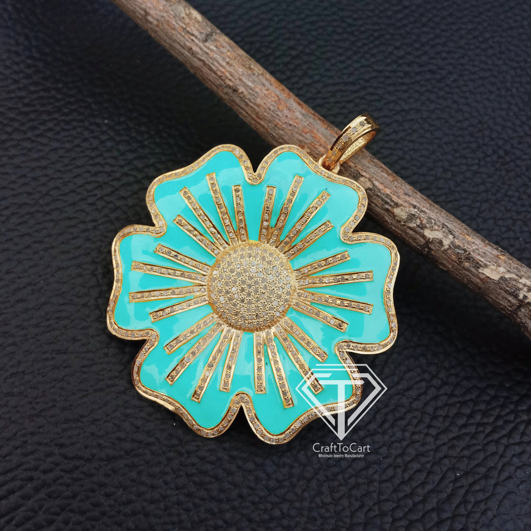 Pave Diamond Enamel Sunflower Pendant, Diamond Pendant Jewelry - CraftToCart