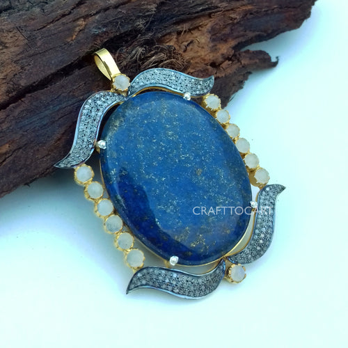 Pave Natural Lapis Pendant, Pave Diamond Pendant, Handmade Jewelry - CraftToCart