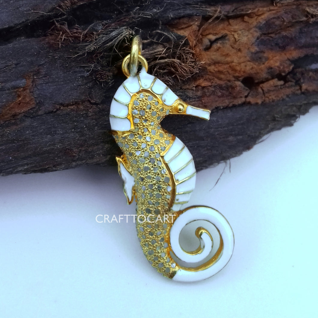 Pave Enamel Seahorse Pendant, Pave Diamond Pendant - CraftToCart