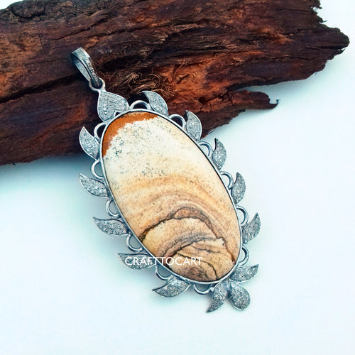 Pave Natural Jasper Pendant, Pave Diamond Pendant, Handmade Jewelry - CraftToCart