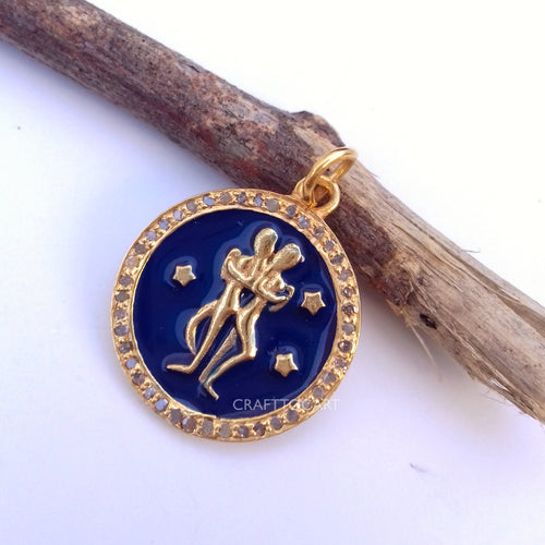 Pave Enamel Zodiac Sign Pendant, Gemini Sign Pendant, Pave Diamond Pendant - CraftToCart