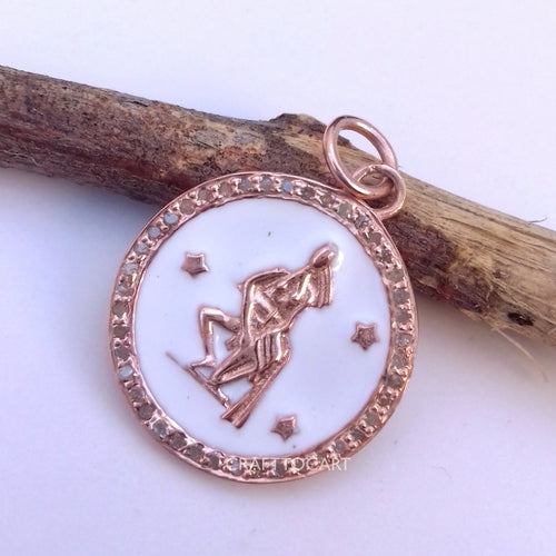 Pave Enamel Zodiac Sign Pendant, Aquarius Sign Pendant, Pave Diamond Pendant - CraftToCart