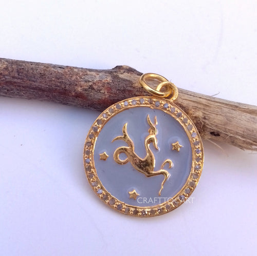 Pave Enamel Zodiac Sign Pendant, Capricorn Sign Pendant, Pave Diamond Pendant - CraftToCart