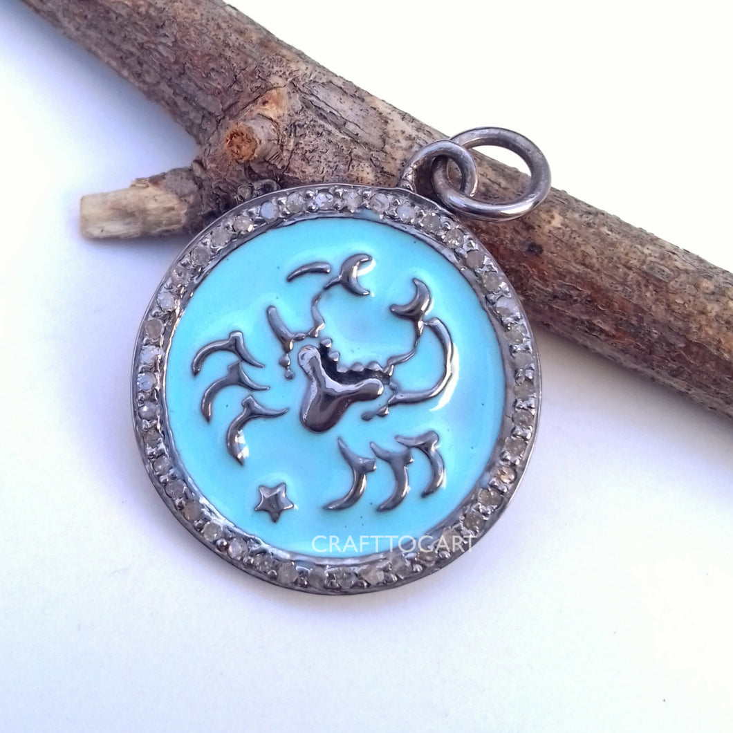 Pave Enamel Zodiac Sign Pendant, Cancer Sign Pendant, Pave Diamond Pendant - CraftToCart