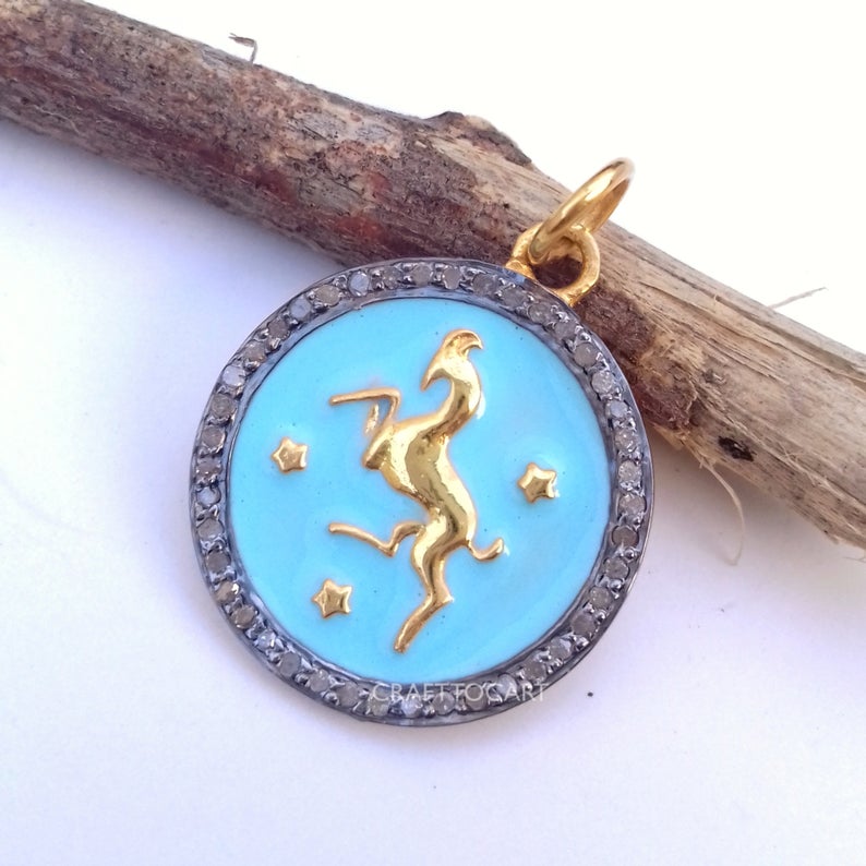 Pave Enamel Zodiac Sign Pendant, Aries Sign Pendant, Pave Diamond Pendant - CraftToCart