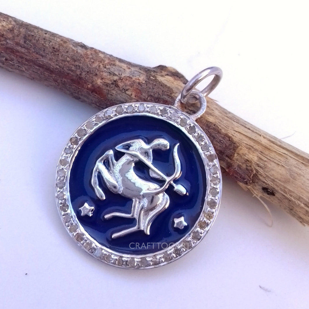 Pave Enamel Zodiac Sign Pendant, Sagittarius Sign Pendant, Pave Diamond Pendant - CraftToCart