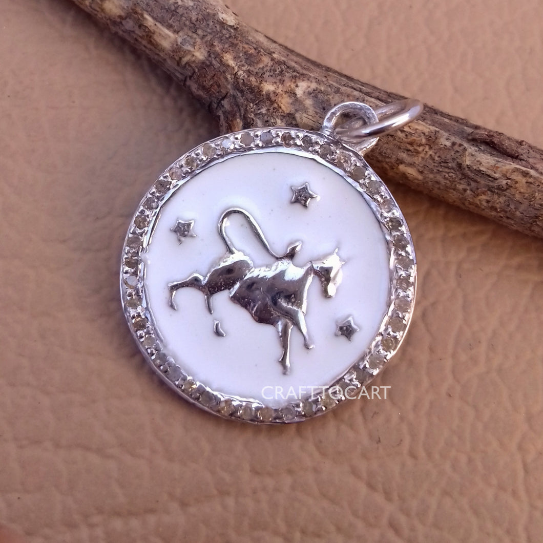 Pave Enamel Zodiac Sign Pendant, Taurus Sign Pendant, Pave Diamond Pendant - CraftToCart