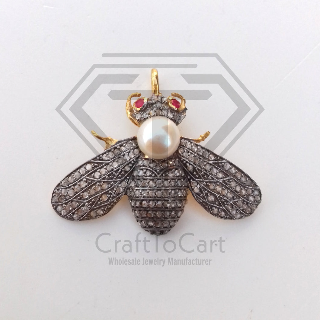 Pave Diamond Two Tone Honey Bee Pendant - CraftToCart