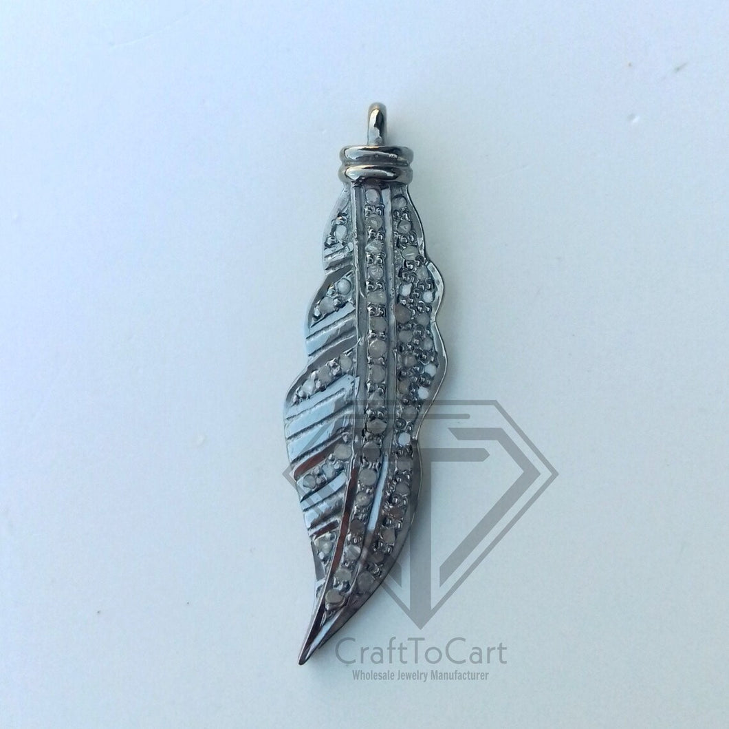 Pave Diamond Feather Charm Pendant In 925 Sterling Silver - CraftToCart