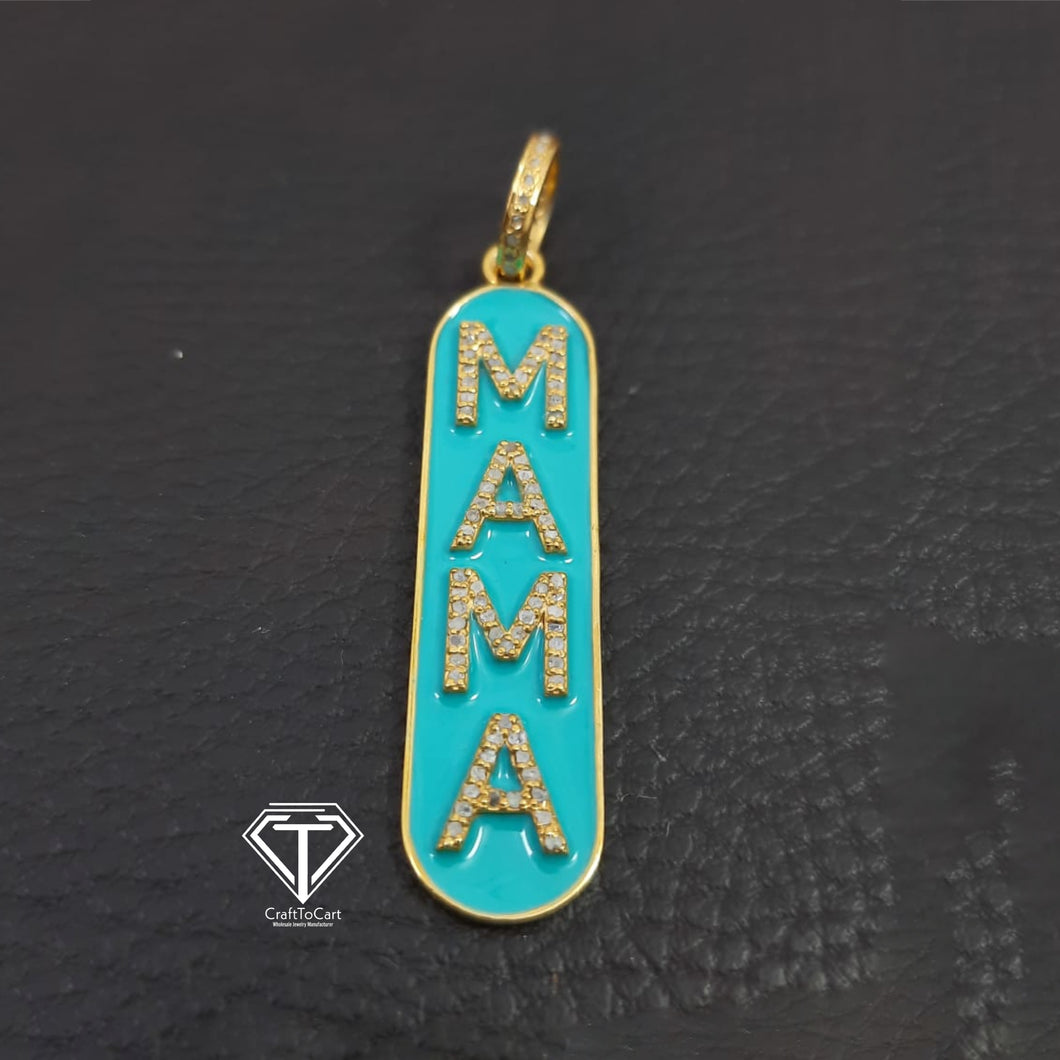 Mother's Day Gift, Mama Enamel Pendant, Pave Diamond Rectangle Pendant