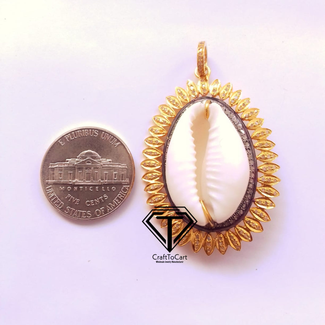 Cowrie Pendant, Pave Diamond Sea Shell Pendant - CraftToCart