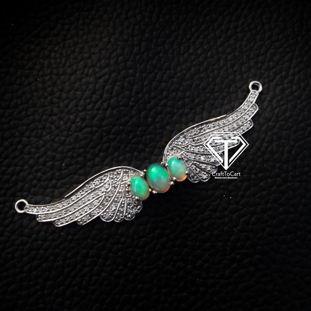 Pave Diamond Wing Connector Pendant With Opal - CraftToCart