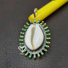 Load image into Gallery viewer, Cowrie Pendant With Emerald, Pave Diamond Sea Shell Pendant, Handmade Jewelry
