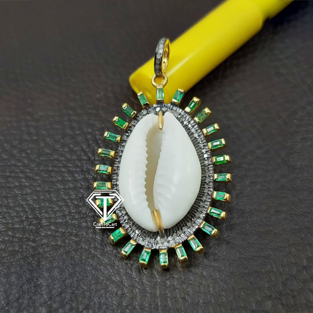 Cowrie Pendant With Emerald, Pave Diamond Sea Shell Pendant, Handmade Jewelry