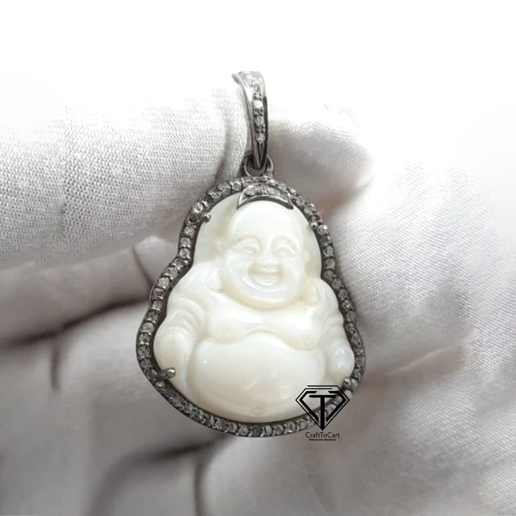 Pave Diamond Handcrafted Buddha Pendant, Mother of Pearl Buddha Pendant