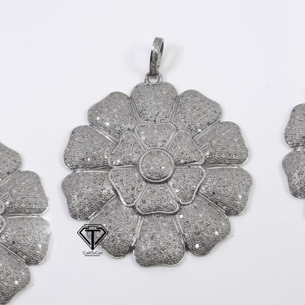 Pave Diamond Flower Pendant, 925 Sterling Silver Flower Charm Pendant