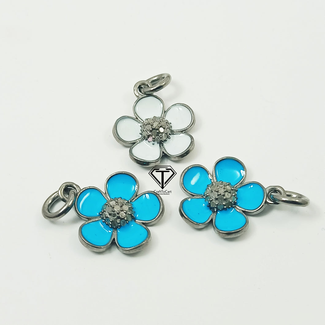 Enamel flower Pendant, 925 Sterling Silver Pave Diamond Enamel Flower Charm Pendant, Enameled Flower Pendant, Diamond Pendant Jewelry