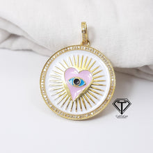 Load image into Gallery viewer, Pave Diamond Enamel Heart Pendant, 925 Sterling Silver Round Enamel Eye Heart Charm Pendant
