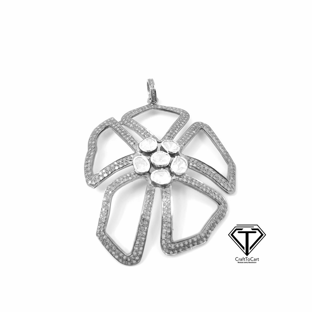 Polki Flower Charm Pendant In 925 Sterling Silver, Pave Diamond Polki Pendant