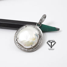 Load image into Gallery viewer, Personalized Gift, Pave Diamond Pearl Pendant, Pave Findings, Sterling Silver Pendant, Natural Round Pendant
