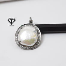 Load image into Gallery viewer, Personalized Gift, Pave Diamond Pearl Pendant, Pave Findings, Sterling Silver Pendant, Natural Round Pendant
