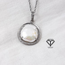 Load image into Gallery viewer, Personalized Gift, Pave Diamond Pearl Pendant, Pave Findings, Sterling Silver Pendant, Natural Round Pendant

