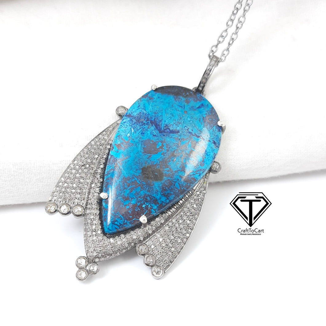 Pave Diamond Azurite Pendant, 925 Sterling Silver, Pave Diamond Jewelry, Handmade Jewelry