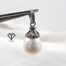 Load image into Gallery viewer, Pave Diamond Pearl Pendant, Pave Findings, Sterling Silver Pendant, Natural Round Pendant
